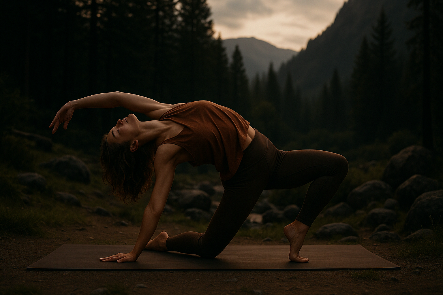 En person som utför yoga på ett fritt avslappnat sätt i naturen. Bakgrunden är lite mörkare, men bilden ger en känsla av att man kommit rätt och att sidan är professonell